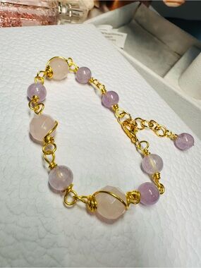 Gold Wire Lavender and Rose quartz Stone Bracelet